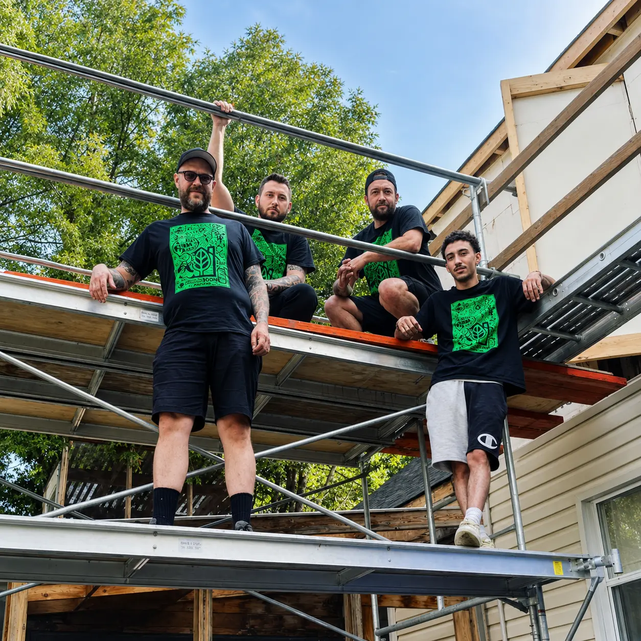 Green Home Insulation crew on scaffolding at a job site