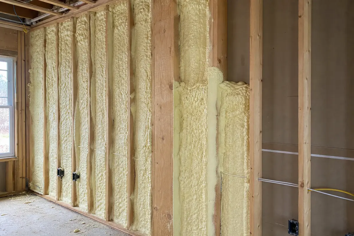 Closed-cell spray foam filling the stud bays of an exterior wall in a Winnipeg home